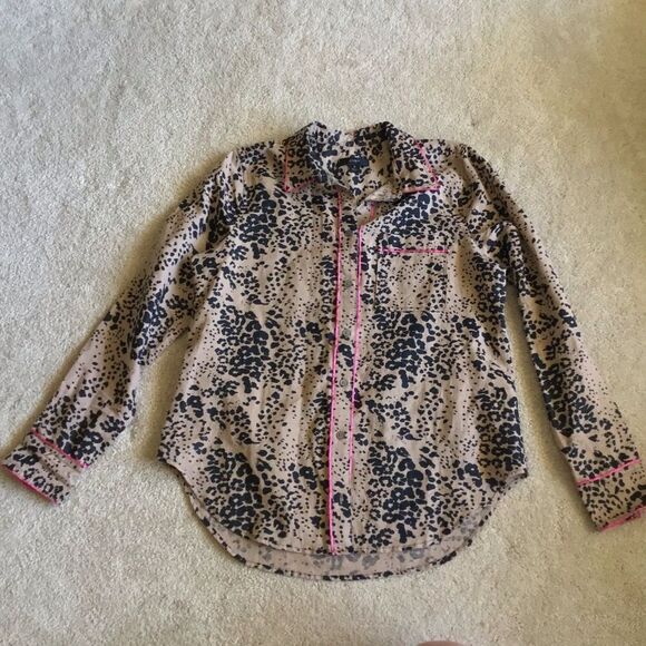 J Crew Brown Tan Black Leopard Print Button Down Shirt Blouse Linen Pink Trim - Picture 3 of 9